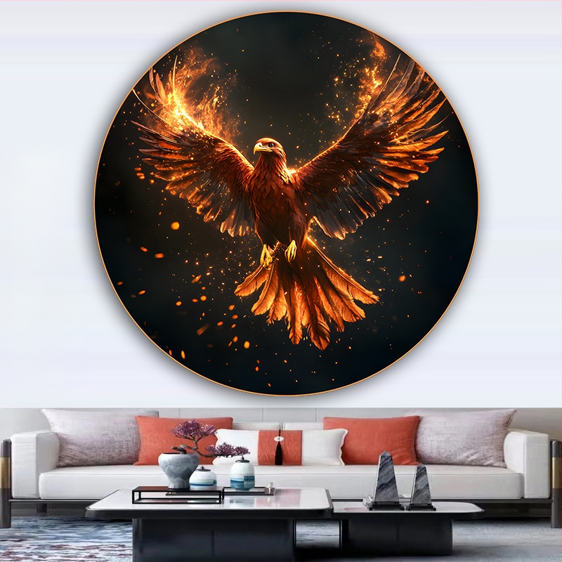 Κυκλική ζωγραφική με έναν Φοίνικα και ένα Θεϊκό Πουλί, Αυτοκόλλητη διακόσμηση τοίχου για την είσοδο του σαλονιού, με εκατό πουλιά να συρρέουν στο Φοίνικα, ζωγραφική σε στιλ αγροικίας για ξενώνες