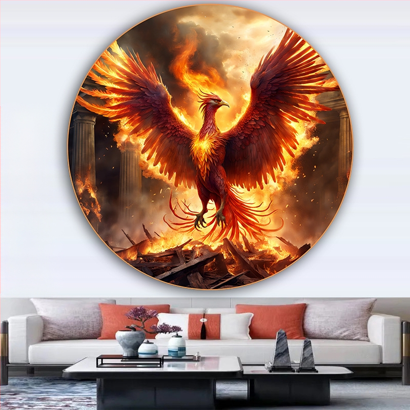 Κυκλική ζωγραφική με έναν Φοίνικα και ένα Θεϊκό Πουλί, Αυτοκόλλητη διακόσμηση τοίχου για την είσοδο του σαλονιού, με εκατό πουλιά να συρρέουν στο Φοίνικα, ζωγραφική σε στιλ αγροικίας για ξενώνες