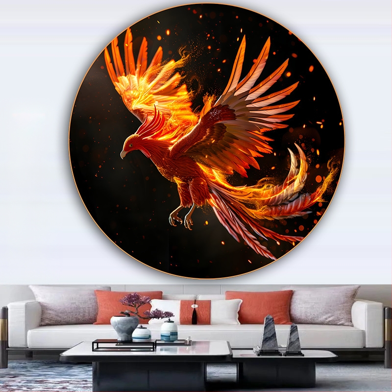 Κυκλική ζωγραφική με έναν Φοίνικα και ένα Θεϊκό Πουλί, Αυτοκόλλητη διακόσμηση τοίχου για την είσοδο του σαλονιού, με εκατό πουλιά να συρρέουν στο Φοίνικα, ζωγραφική σε στιλ αγροικίας για ξενώνες