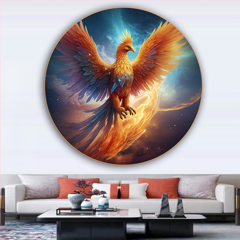 Κυκλική ζωγραφική με έναν Φοίνικα και ένα Θεϊκό Πουλί, Αυτοκόλλητη διακόσμηση τοίχου για την είσοδο του σαλονιού, με εκατό πουλιά να συρρέουν στο Φοίνικα, ζωγραφική σε στιλ αγροικίας για ξενώνες