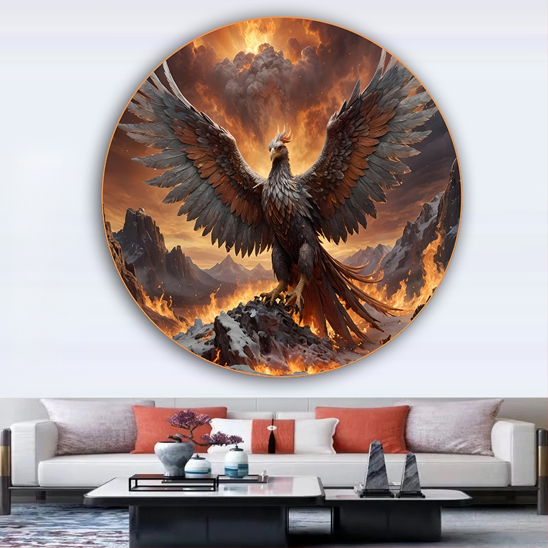 Κυκλική ζωγραφική με έναν Φοίνικα και ένα Θεϊκό Πουλί, Αυτοκόλλητη διακόσμηση τοίχου για την είσοδο του σαλονιού, με εκατό πουλιά να συρρέουν στο Φοίνικα, ζωγραφική σε στιλ αγροικίας για ξενώνες