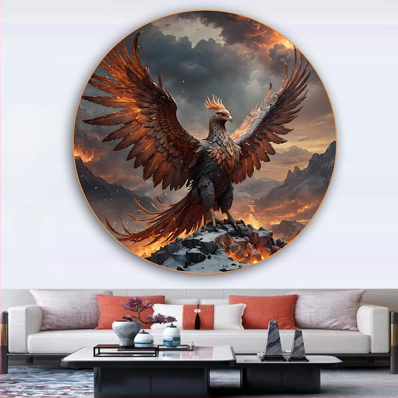 Κυκλική ζωγραφική με έναν Φοίνικα και ένα Θεϊκό Πουλί, Αυτοκόλλητη διακόσμηση τοίχου για την είσοδο του σαλονιού, με εκατό πουλιά να συρρέουν στο Φοίνικα, ζωγραφική σε στιλ αγροικίας για ξενώνες