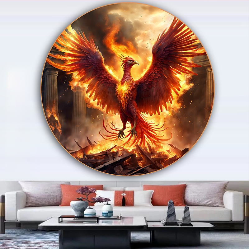 Κυκλική ζωγραφική με έναν Φοίνικα και ένα Θεϊκό Πουλί, Αυτοκόλλητη διακόσμηση τοίχου για την είσοδο του σαλονιού, με εκατό πουλιά να συρρέουν στο Φοίνικα, ζωγραφική σε στιλ αγροικίας για ξενώνες
