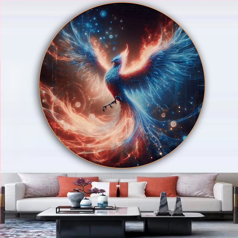 Κυκλική ζωγραφική με έναν Φοίνικα και ένα Θεϊκό Πουλί, Αυτοκόλλητη διακόσμηση τοίχου για την είσοδο του σαλονιού, με εκατό πουλιά να συρρέουν στο Φοίνικα, ζωγραφική σε στιλ αγροικίας για ξενώνες