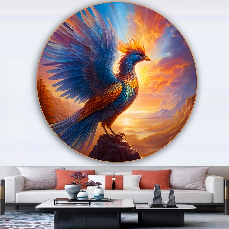 Κυκλική ζωγραφική με έναν Φοίνικα και ένα Θεϊκό Πουλί, Αυτοκόλλητη διακόσμηση τοίχου για την είσοδο του σαλονιού, με εκατό πουλιά να συρρέουν στο Φοίνικα, ζωγραφική σε στιλ αγροικίας για ξενώνες