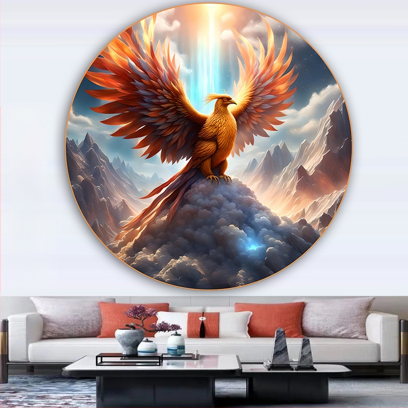 Κυκλική ζωγραφική με έναν Φοίνικα και ένα Θεϊκό Πουλί, Αυτοκόλλητη διακόσμηση τοίχου για την είσοδο του σαλονιού, με εκατό πουλιά να συρρέουν στο Φοίνικα, ζωγραφική σε στιλ αγροικίας για ξενώνες