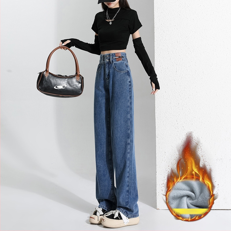 Vintage široke, ravne traperice za mršavljenje s flis podstavom, zadebljane, moderne, s dvostrukom kopčom, ležerne, visokog struka, ženske, za jesen i zimu, široke hlače