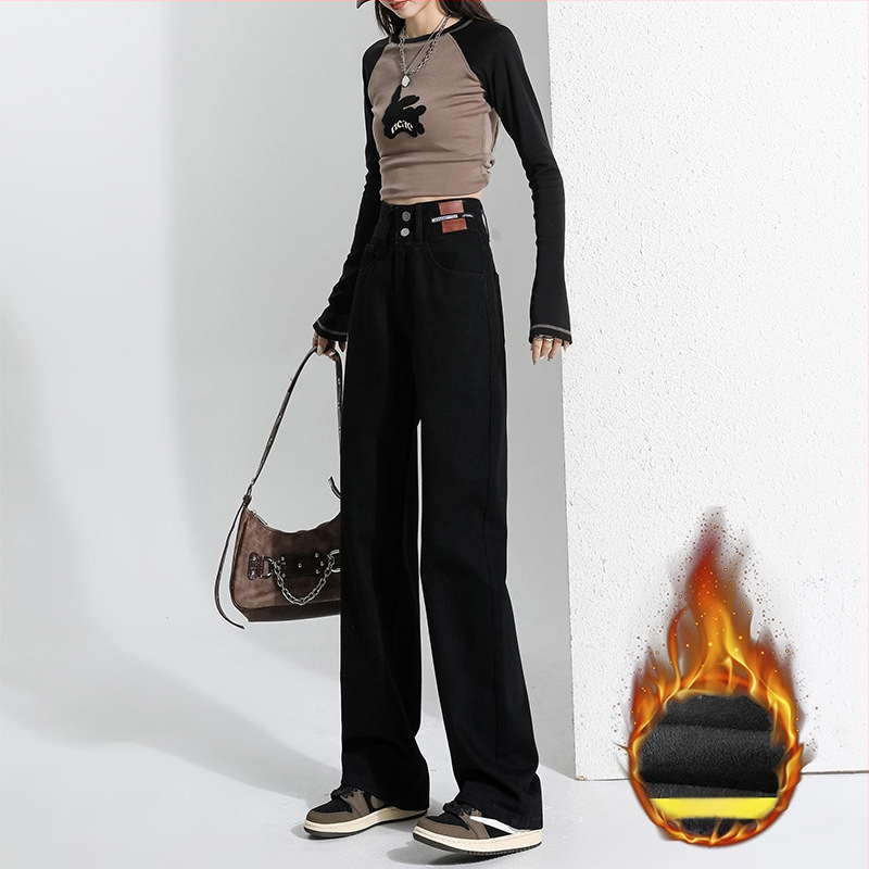 Vintage široke, ravne traperice za mršavljenje s flis podstavom, zadebljane, moderne, s dvostrukom kopčom, ležerne, visokog struka, ženske, za jesen i zimu, široke hlače