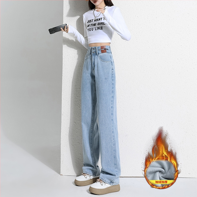 Vintage široke, ravne traperice za mršavljenje s flis podstavom, zadebljane, moderne, s dvostrukom kopčom, ležerne, visokog struka, ženske, za jesen i zimu, široke hlače