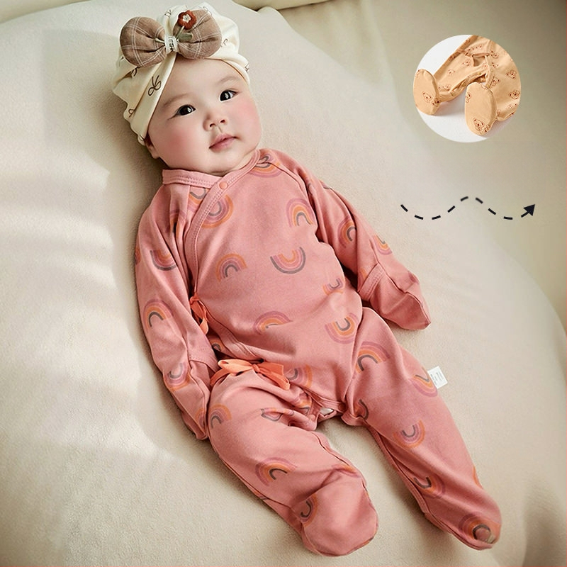 Detské oblečenie zo zahraničného obchodu, bavlnené oblečenie triedy A, spojené pyžamo s ponožkami pre novorodencov, taška na oblečenie proti poškriabaniu