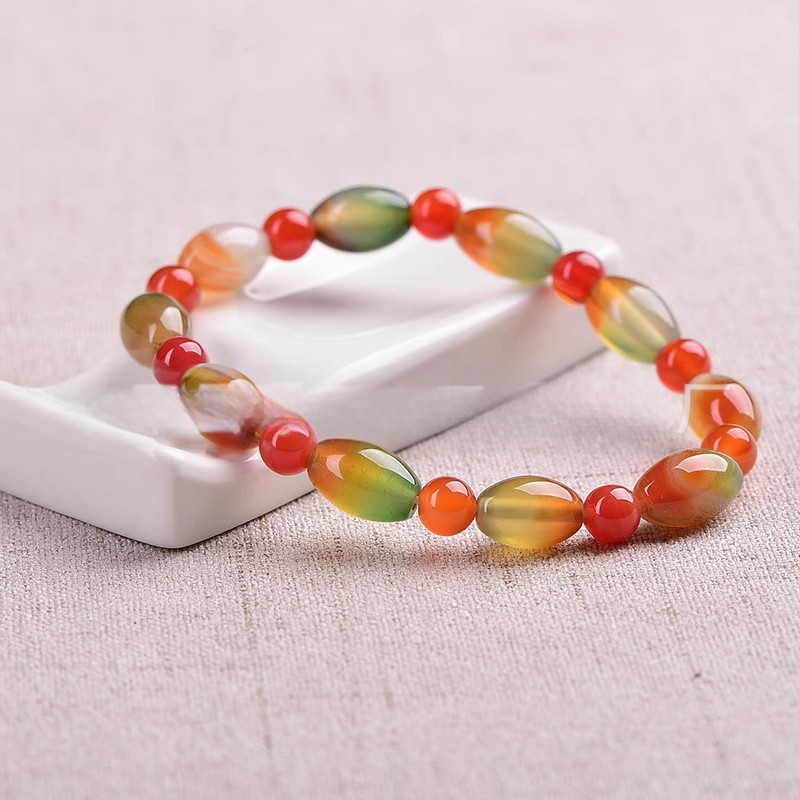 Brățară de agat cu mărgele rotunde din agat de păun, brățară cu mărgele de butoi de bambus, en-gros, mărgele mici de orez, bijuterii de mână pentru bărbați și femei