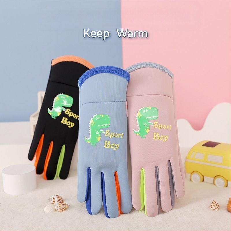 Mažo dinozauro vaikiškos šiltos pirštinės rudeniui ir žiemai, sustorintos ir aksominės, skirtos berniukams ir mergaitėms, neperšlampamos, atsparios vėjui, šalčiui ir vandeniui, važinėjimui dviračiu.