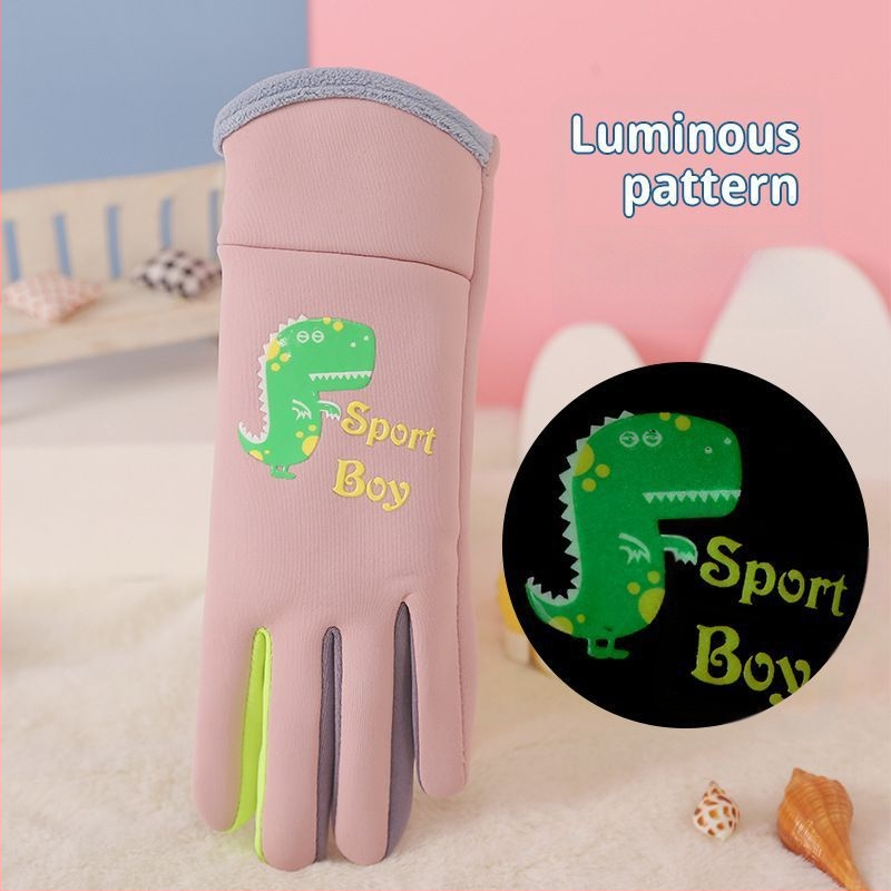 Mažo dinozauro vaikiškos šiltos pirštinės rudeniui ir žiemai, sustorintos ir aksominės, skirtos berniukams ir mergaitėms, neperšlampamos, atsparios vėjui, šalčiui ir vandeniui, važinėjimui dviračiu.