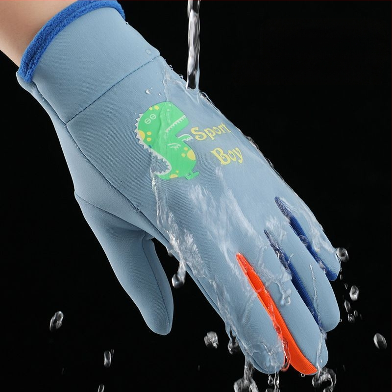 Mažo dinozauro vaikiškos šiltos pirštinės rudeniui ir žiemai, sustorintos ir aksominės, skirtos berniukams ir mergaitėms, neperšlampamos, atsparios vėjui, šalčiui ir vandeniui, važinėjimui dviračiu.