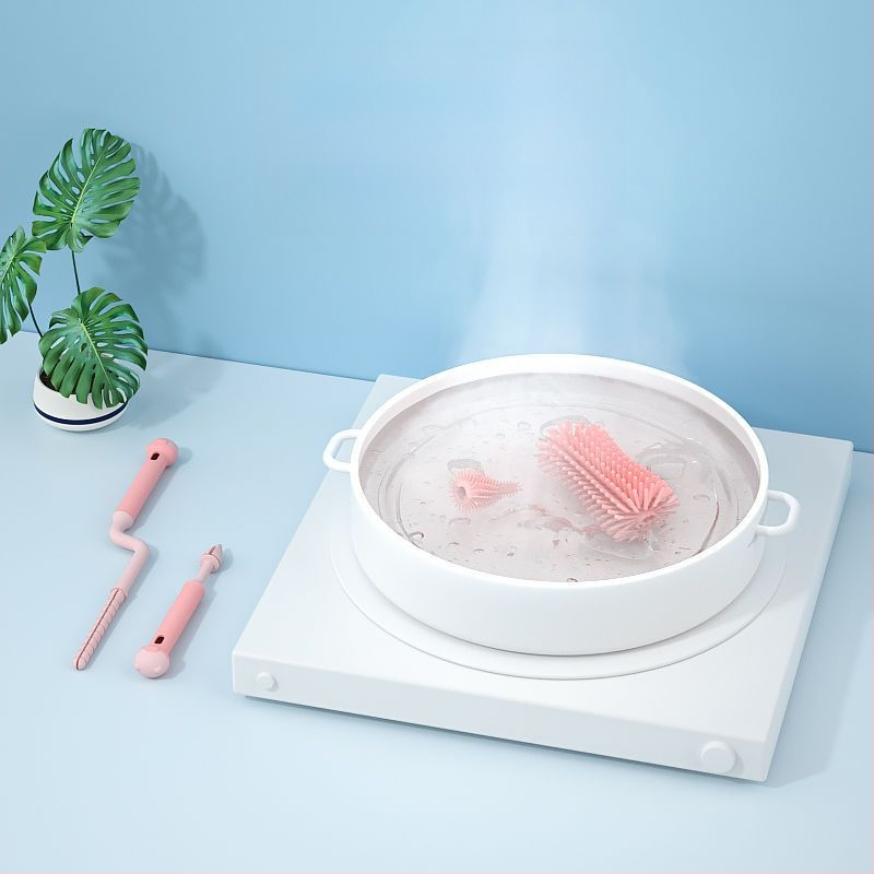 Silikoninis buteliukų šepetėlis kūdikių čiulptukų šepetėlis šiaudelių šepetėlis besisukantis buteliukų plovimo šepetėlis skalavimo šepetėlis valymo šepetėlių rinkinys