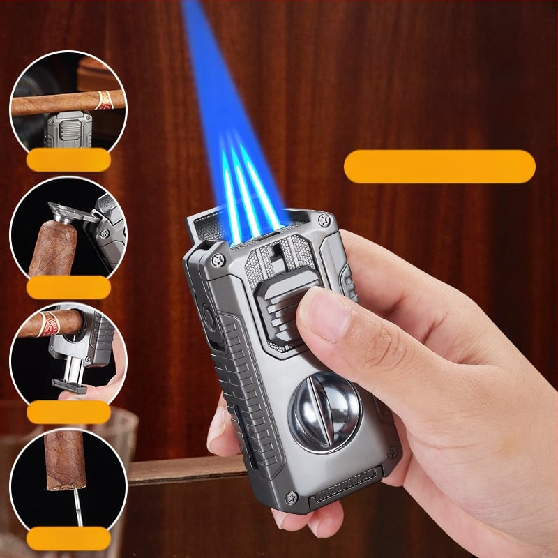 Radošs piecu vienā trīs uguņu tiešās aizdedzes cigāru šķiltavas komplektā ar V veida cigāru griezēju, pārnēsājams daudzfunkcionāls šķiltavas