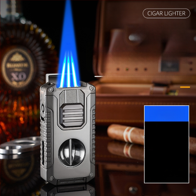 Radošs piecu vienā trīs uguņu tiešās aizdedzes cigāru šķiltavas komplektā ar V veida cigāru griezēju, pārnēsājams daudzfunkcionāls šķiltavas