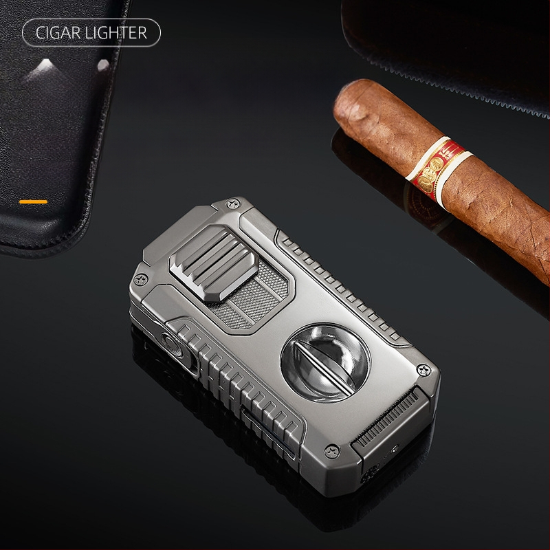 Radošs piecu vienā trīs uguņu tiešās aizdedzes cigāru šķiltavas komplektā ar V veida cigāru griezēju, pārnēsājams daudzfunkcionāls šķiltavas