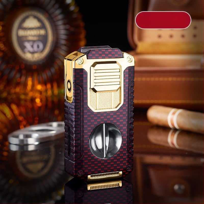 Radošs piecu vienā trīs uguņu tiešās aizdedzes cigāru šķiltavas komplektā ar V veida cigāru griezēju, pārnēsājams daudzfunkcionāls šķiltavas