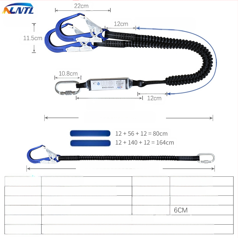 Drošības virve pret kritienu darbam gaisā. Dubultais āķis ar bufera paketi. Elektriķa aizsardzības virve. Leģētā tērauda un alumīnija sakausējuma elastīga virve.