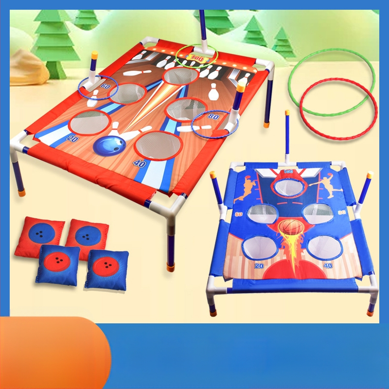 Dvigubas vaikiškas smėlio maišo žiedų mėtymo žaislinis kostiumas boulingo stiliaus stumdomas žaidimo rėmas, tėvų ir vaiko bendravimo varžybos