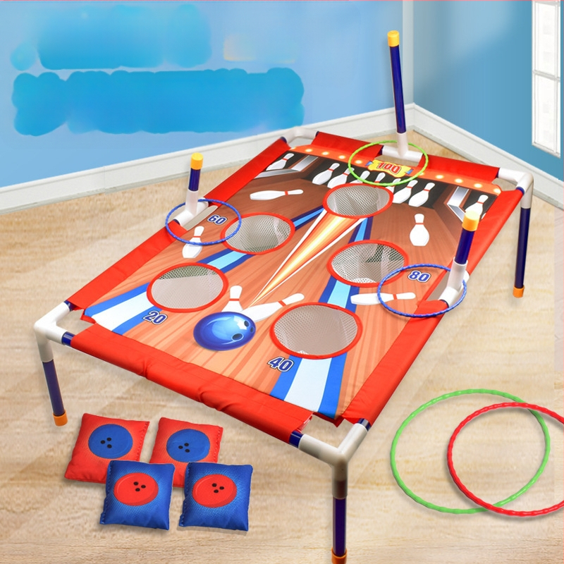 Dvigubas vaikiškas smėlio maišo žiedų mėtymo žaislinis kostiumas boulingo stiliaus stumdomas žaidimo rėmas, tėvų ir vaiko bendravimo varžybos