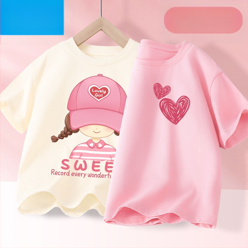 Детска лятна тениска с къс ръкав за момичета, нова 2025 г. от чист памук, моден топ за момичета, дишаща спортна тениска с половин ръкав