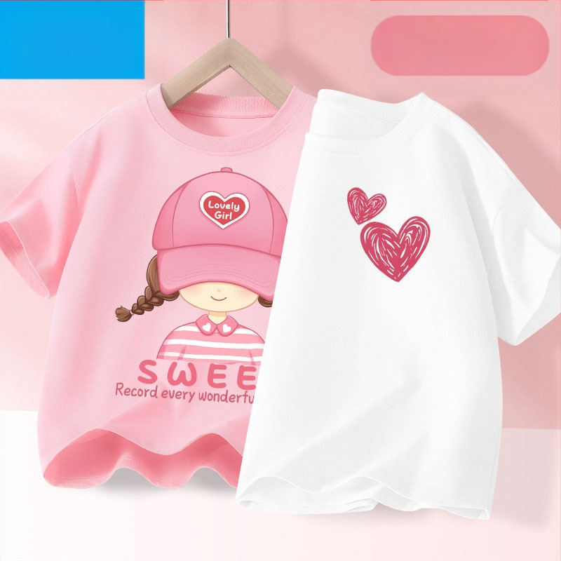 Детска лятна тениска с къс ръкав за момичета, нова 2025 г. от чист памук, моден топ за момичета, дишаща спортна тениска с половин ръкав