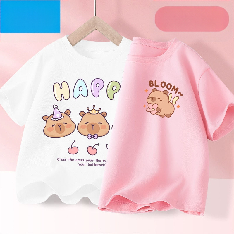 Детска лятна тениска с къс ръкав за момичета, нова 2025 г. от чист памук, моден топ за момичета, дишаща спортна тениска с половин ръкав