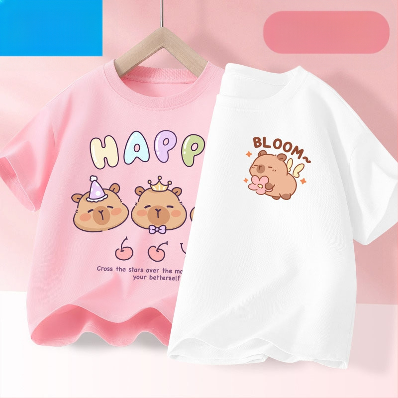 Детска лятна тениска с къс ръкав за момичета, нова 2025 г. от чист памук, моден топ за момичета, дишаща спортна тениска с половин ръкав