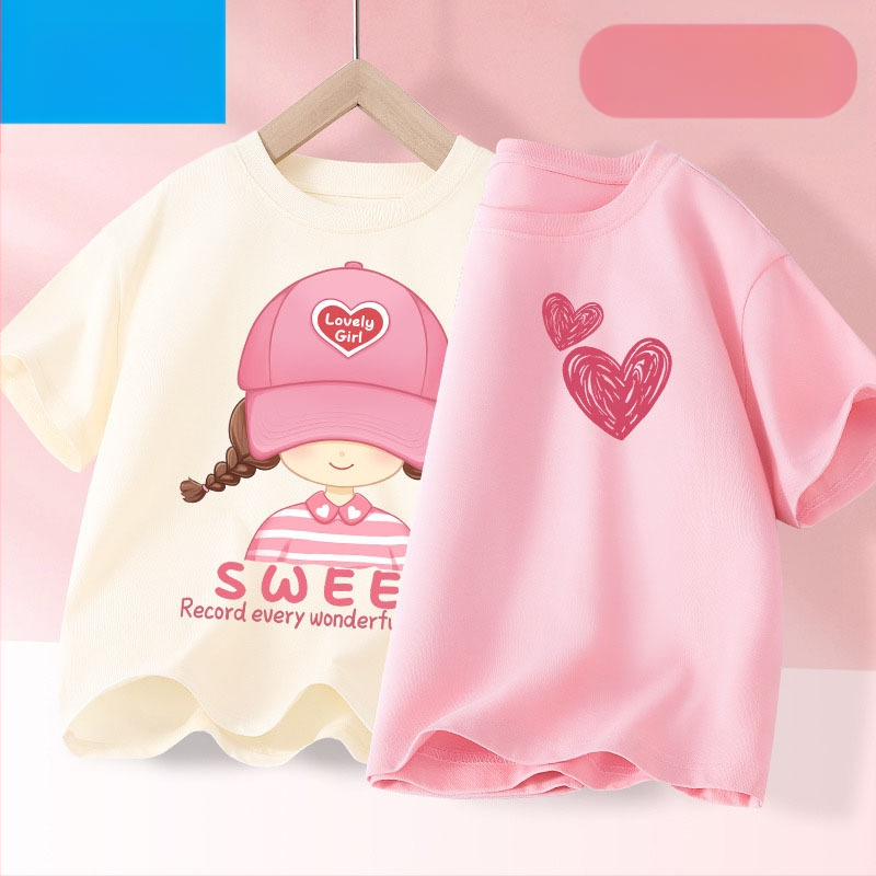 Детска лятна тениска с къс ръкав за момичета, нова 2025 г. от чист памук, моден топ за момичета, дишаща спортна тениска с половин ръкав