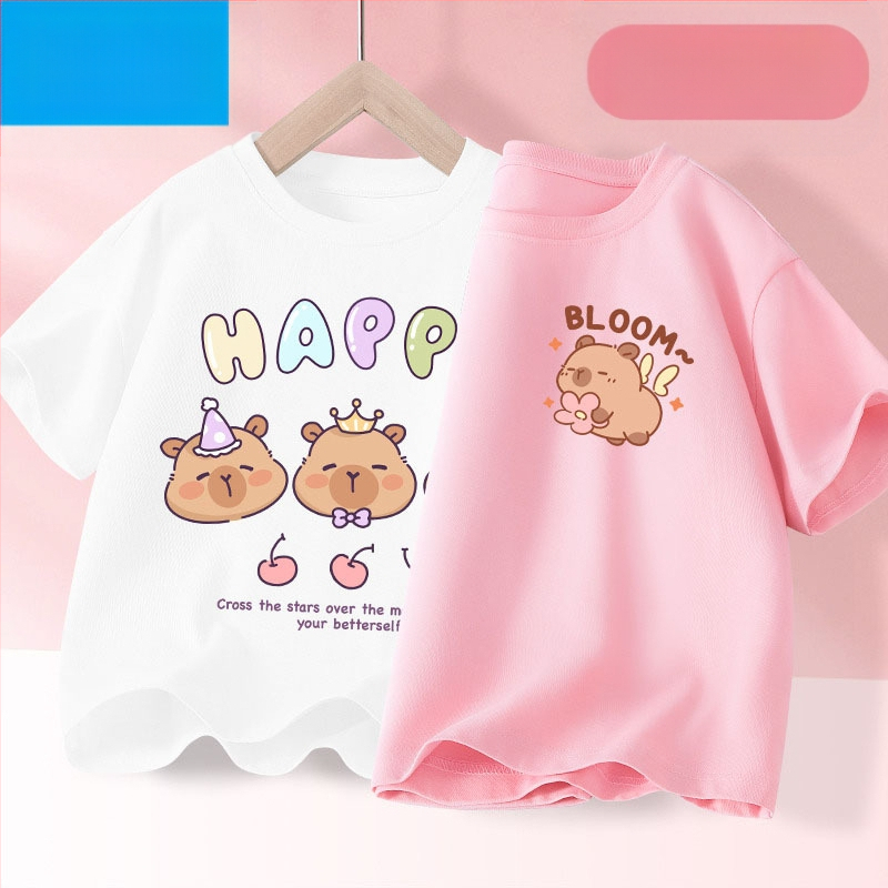 Детска лятна тениска с къс ръкав за момичета, нова 2025 г. от чист памук, моден топ за момичета, дишаща спортна тениска с половин ръкав