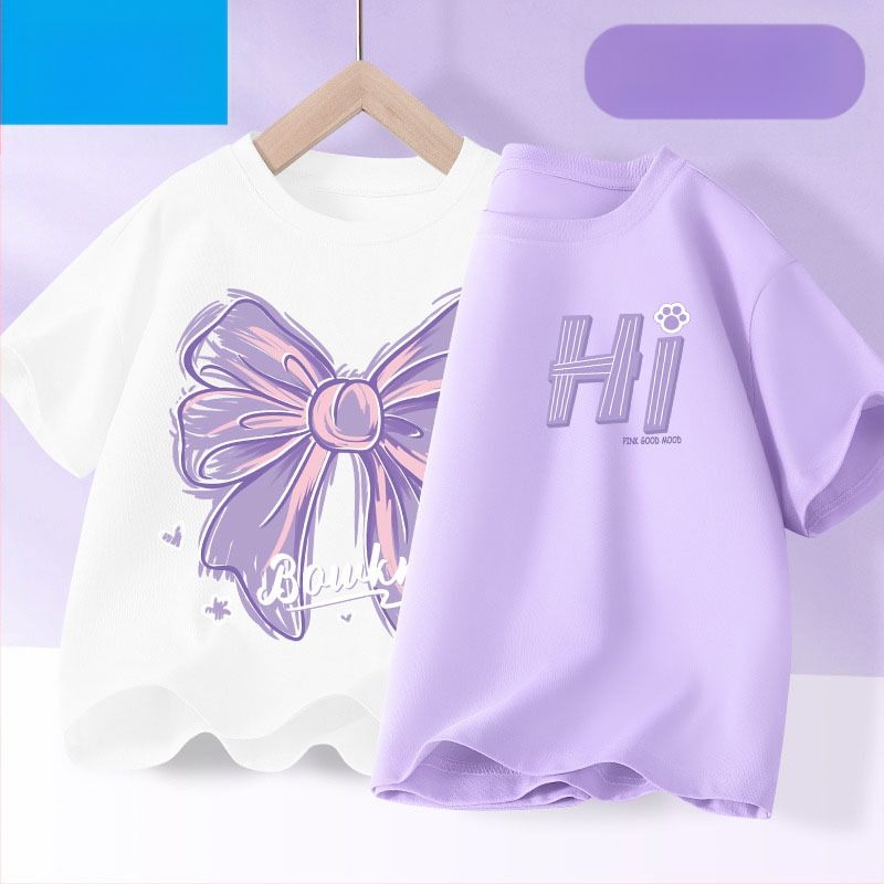 Детска лятна тениска с къс ръкав за момичета, нова 2025 г. от чист памук, моден топ за момичета, дишаща спортна тениска с половин ръкав