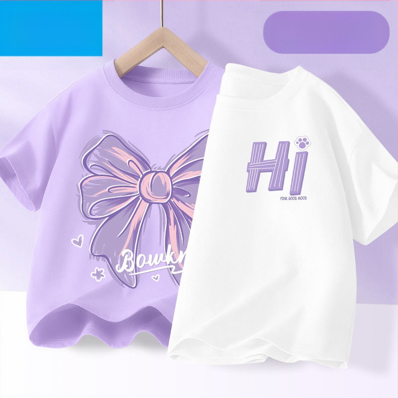 Детска лятна тениска с къс ръкав за момичета, нова 2025 г. от чист памук, моден топ за момичета, дишаща спортна тениска с половин ръкав