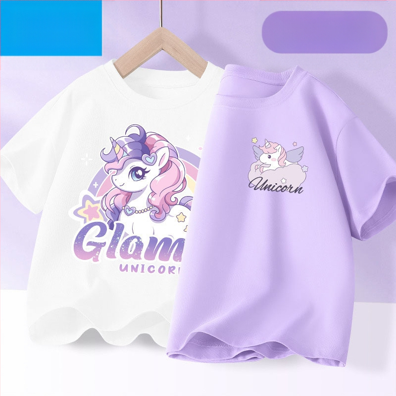 Детска лятна тениска с къс ръкав за момичета, нова 2025 г. от чист памук, моден топ за момичета, дишаща спортна тениска с половин ръкав