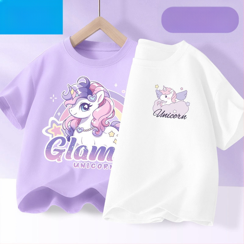 Детска лятна тениска с къс ръкав за момичета, нова 2025 г. от чист памук, моден топ за момичета, дишаща спортна тениска с половин ръкав