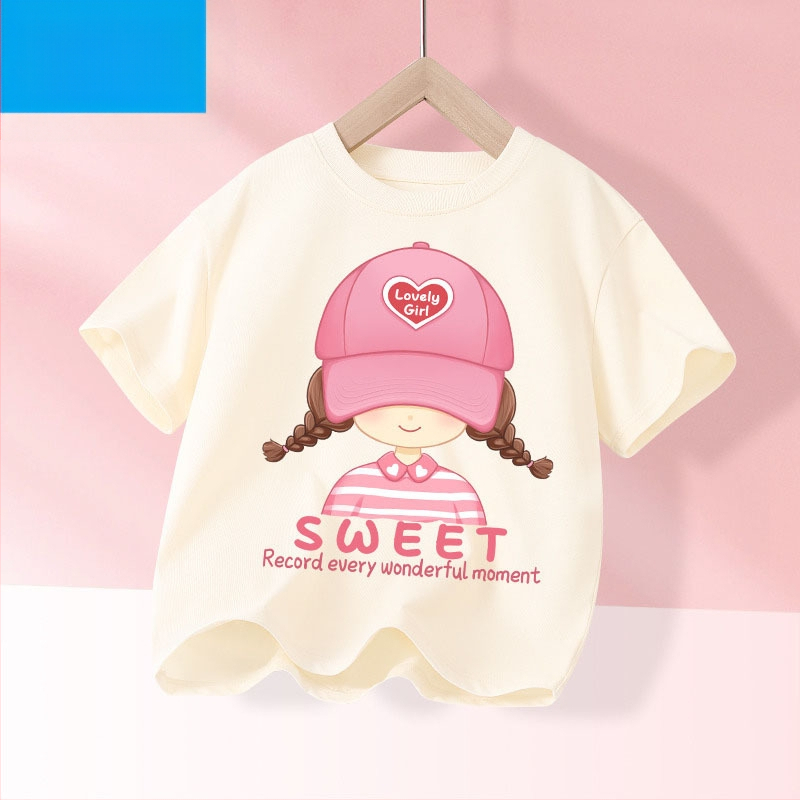 Детска лятна тениска с къс ръкав за момичета, нова 2025 г. от чист памук, моден топ за момичета, дишаща спортна тениска с половин ръкав