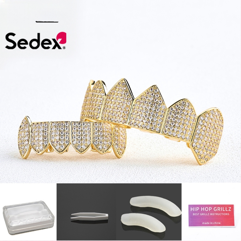 Аксесоари за брекети за Хелоуин, трансгранични хип-хоп, 14-каратови истинско злато, галванизирани медни циркониеви брекети, преувеличени рап диамантени брекети