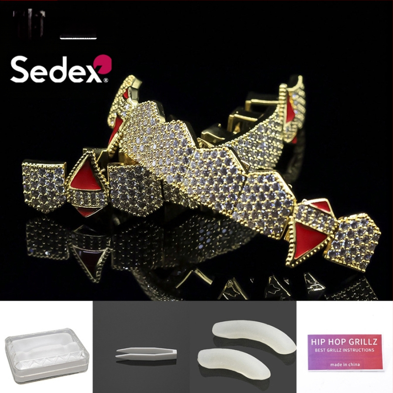 Аксесоари за брекети за Хелоуин, трансгранични хип-хоп, 14-каратови истинско злато, галванизирани медни циркониеви брекети, преувеличени рап диамантени брекети