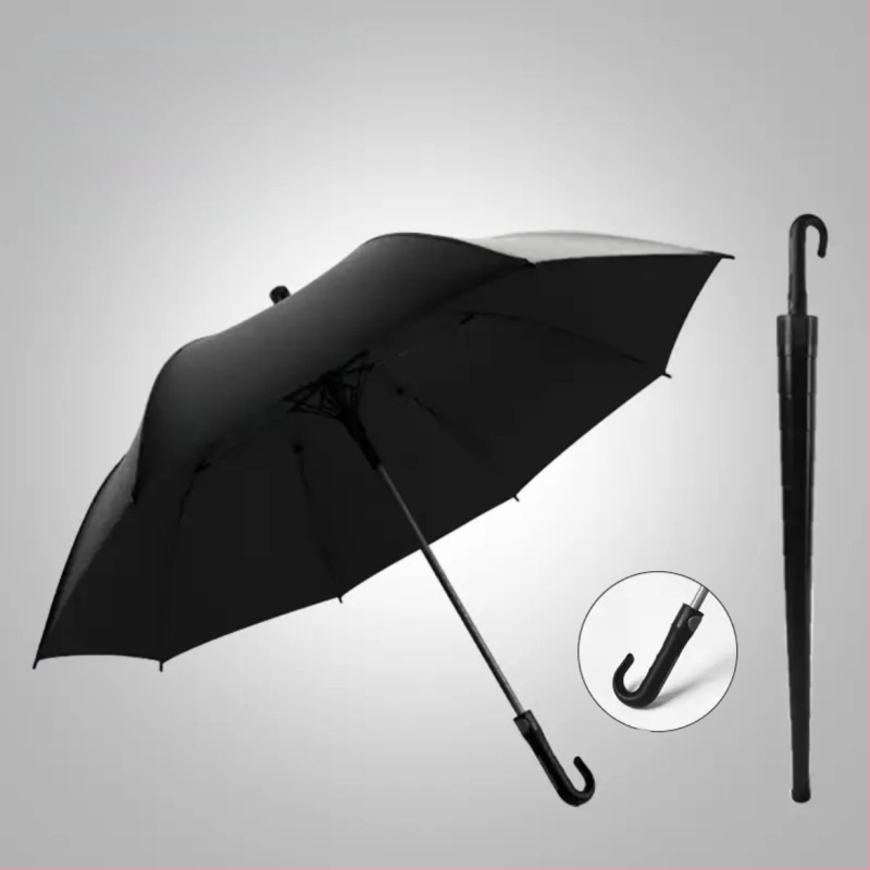 Голф чадър с дълга дръжка и водоустойчив капак, полуавтоматично отваряне и затваряне, автомобилен чадър с права дръжка, силен, устойчив на вятър, черен гумен слънцезащитен крем.