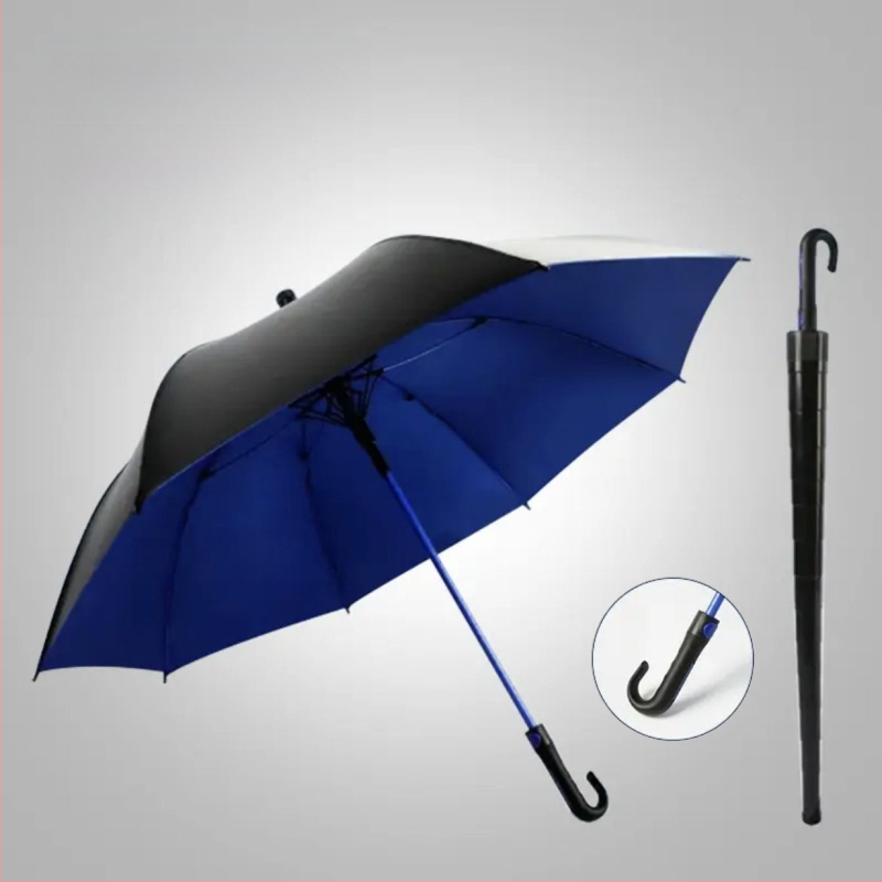 Голф чадър с дълга дръжка и водоустойчив капак, полуавтоматично отваряне и затваряне, автомобилен чадър с права дръжка, силен, устойчив на вятър, черен гумен слънцезащитен крем.