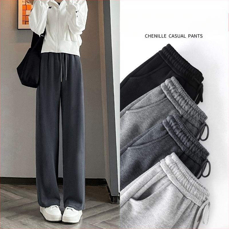 Sive uske ženske proljetne, jesenske i zimske trenirke visokog struka, ravne, drapirane, male ležerne sportske duge hlače