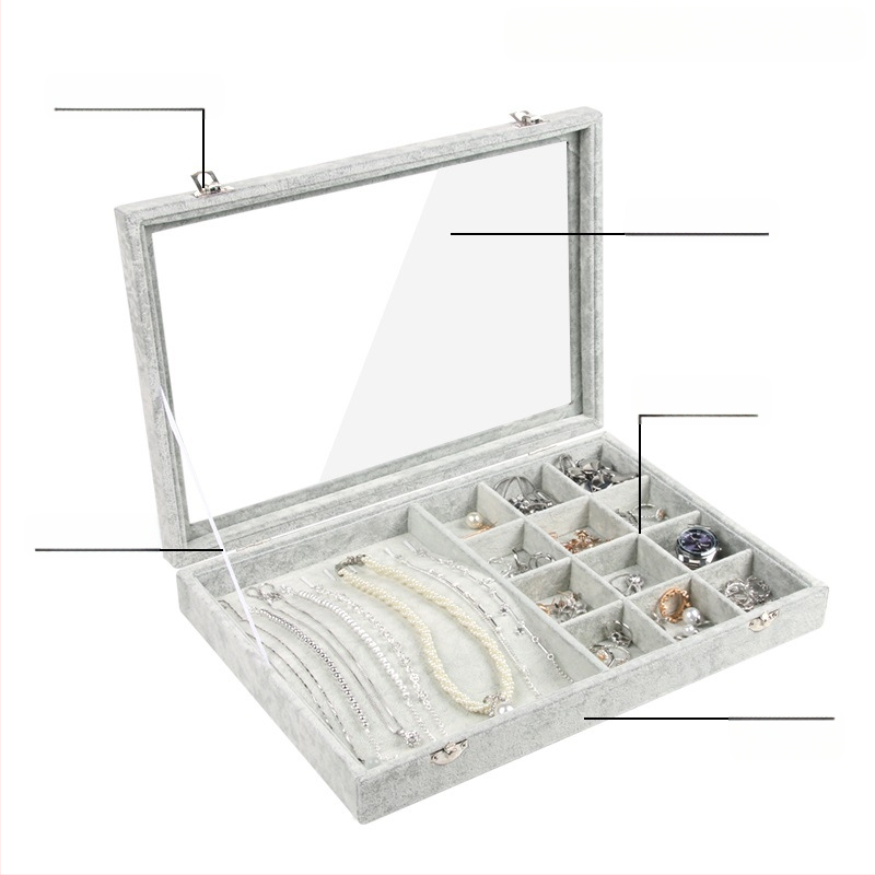 Didelės talpos aksominė žiedų, papuošalų laikymo dėžutė, permatoma padėklo, papuošalų, karolių, papuošalų dėžutė, laikymo dėžutė