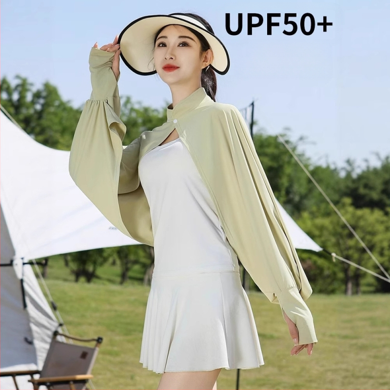 Siidist UV-kattega pikkade varrukatega lahtise kaitsega jope, õhuke välisjoon, jalgrattasõiduks mõeldud naiste õlasall, hingav, sõidujakk