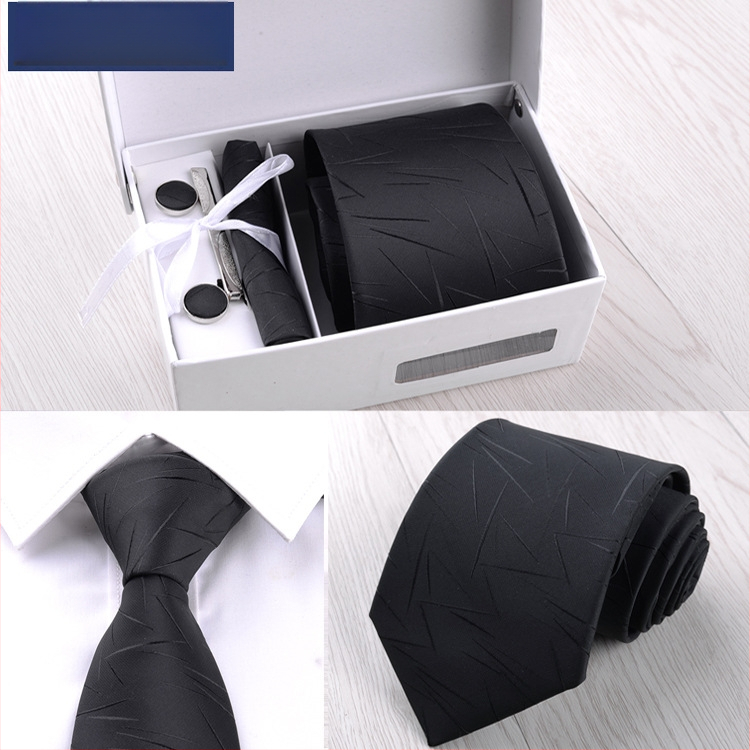 Fabriko vyriškas šešių dalių kostiumas, juodas, 8 cm ilgio, dryžuotas, rankinis kaklaraištis, jaunikio vestuvių dovanų dėžutė