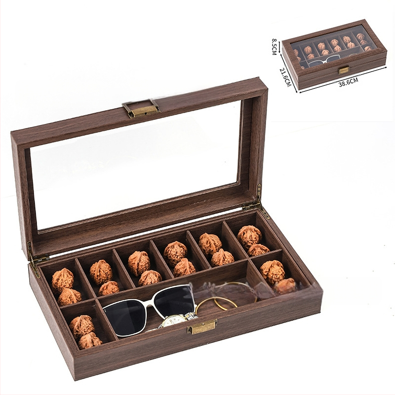 Didmeninė medinių laikrodžių laikymo dėžutė, juodo riešuto spalvos medinių kolekcijų laikrodžių papuošalų, akinių daugiafunkcinė dėžutė