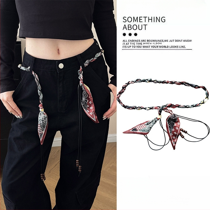 Bohēmiska viduslaiku etniskā stila brūna josta sieviešu svārkiem ar pītu vidukļa ķēdi Y2K metāla vidukļa aksesuāri