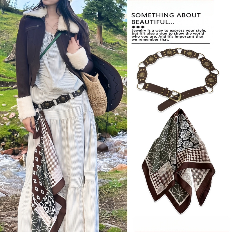 Bohēmiska viduslaiku etniskā stila brūna josta sieviešu svārkiem ar pītu vidukļa ķēdi Y2K metāla vidukļa aksesuāri
