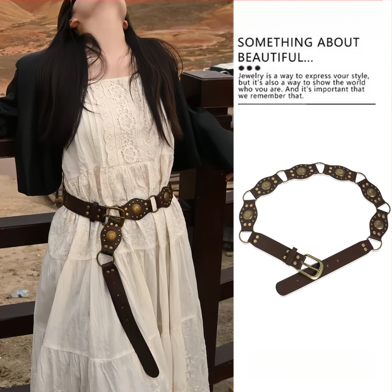 Bohēmiska viduslaiku etniskā stila brūna josta sieviešu svārkiem ar pītu vidukļa ķēdi Y2K metāla vidukļa aksesuāri