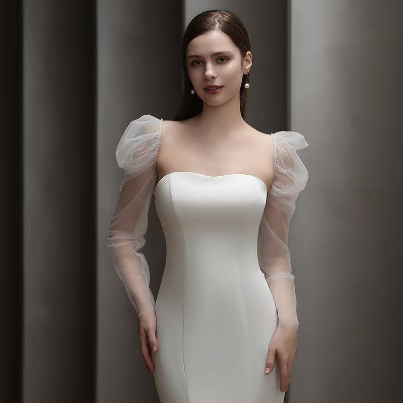 обикновена мека прежда, дълъг прозрачен тюл, кремаво-бял, слънцезащитен комплект за булка с ръкав